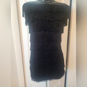 Express Black Fringe Off-Shoulder Mini Dress